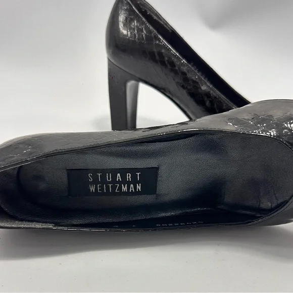 Stuart Weitzman black square toe croc embossed chunky heel pumps size 9 - Picture 10 of 10
